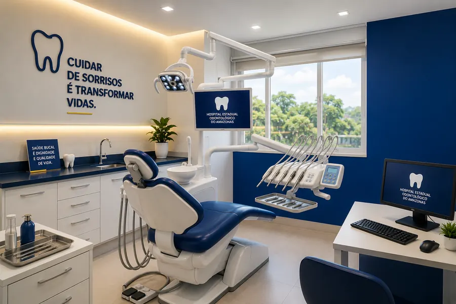 Ilustração de consultório odontológico moderno, com cadeira azul e equipamentos
