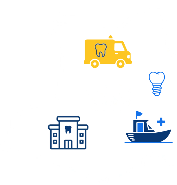 Mapa estilizado do Amazonas com ícones de unidade móvel, prótese dentária, implante, hospital e embarcação