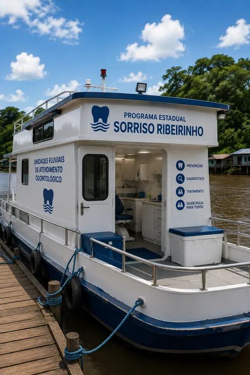Ilustração de embarcação do Programa Estadual Sorriso Ribeirinho atracada à margem de um rio