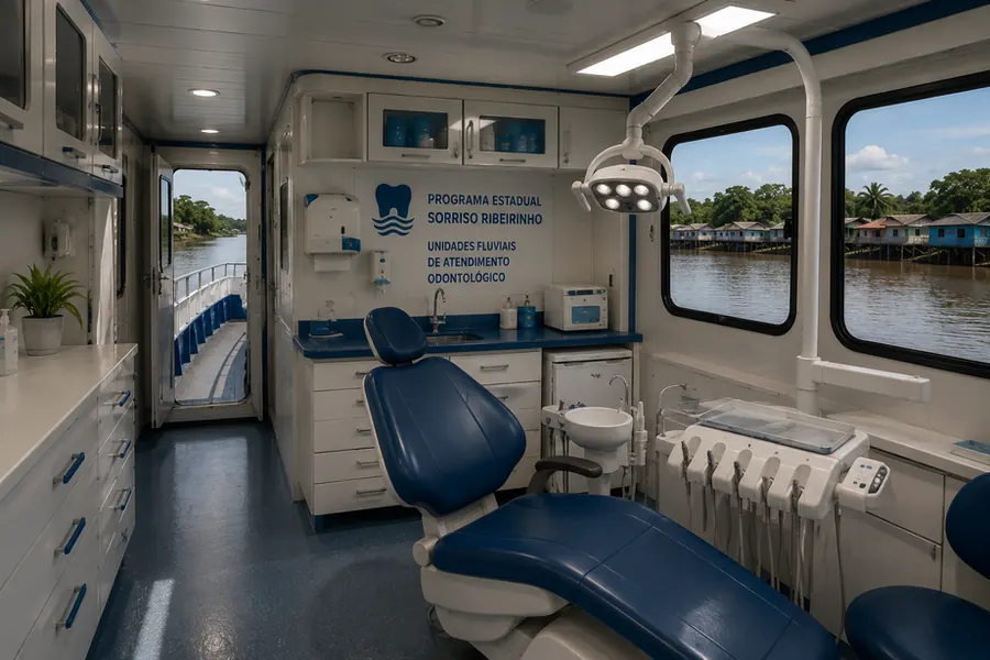 Ilustração do consultório odontológico dentro da embarcação, com janelas voltadas para o rio